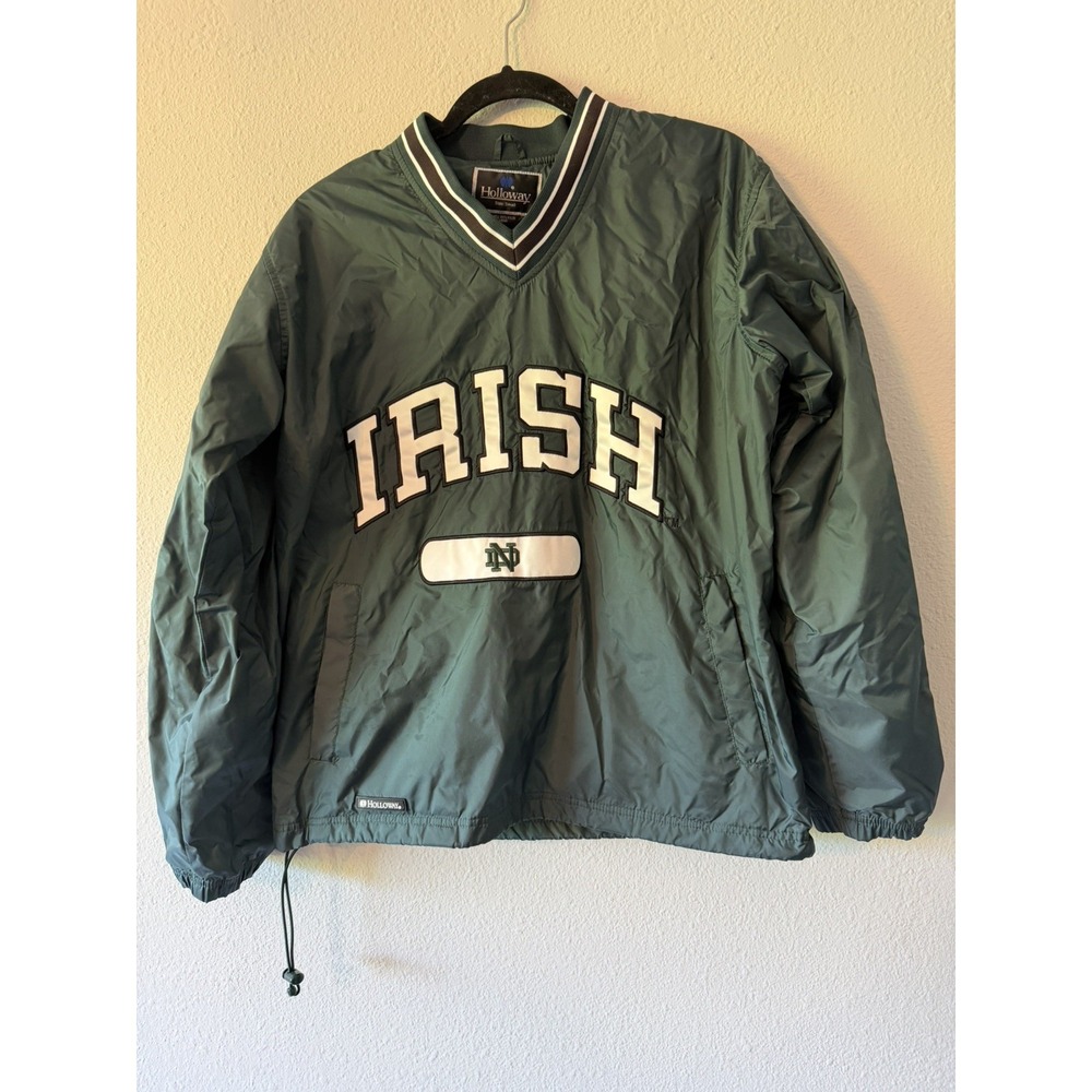 Vintage Holloway Notre Dame Irish Vneck Nylon Pullover Jacket Size Small Green